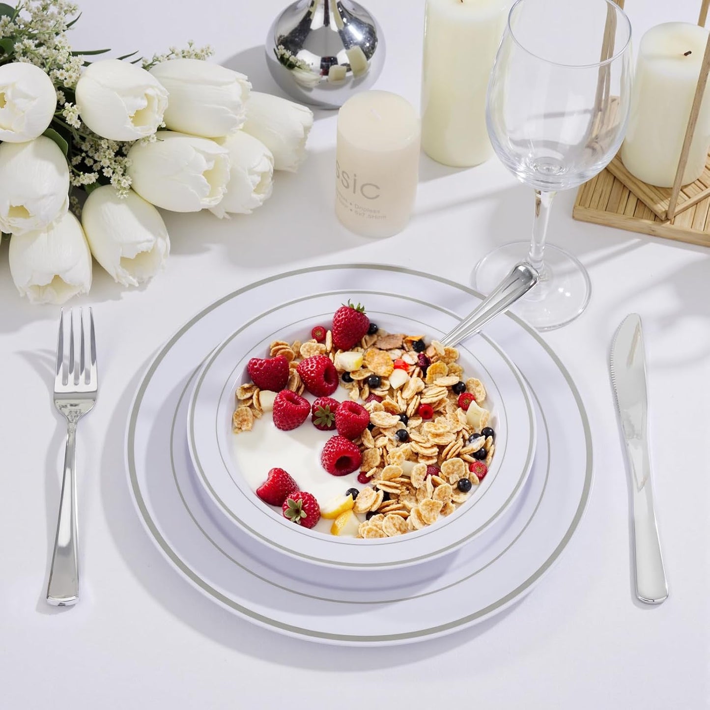 bUCLA 60 Pack Plastic Bowls with Silver Rim - 12 oz Plastic Soup Bowls Disposable for Party, Wedding, Christmas & Gathering