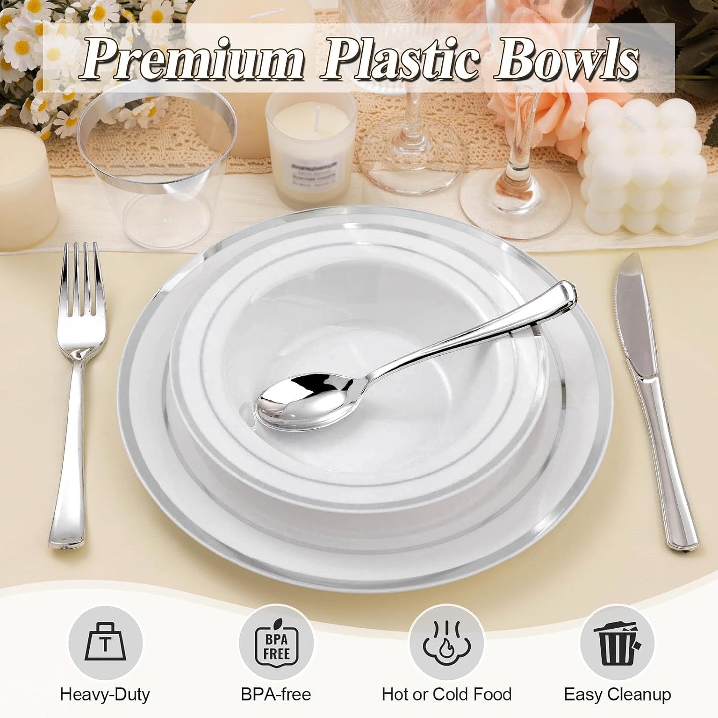 50 Pack Disposable Soup Bowls with Silver Rim, 12oz Premium Heavy Duty Plastic Dinner Bowls for Party, Wedding and Holiday