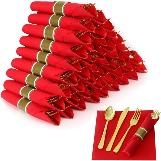 50 Pack Pre Rolled Gold Plastic Silverware Set,Wrapped Plastic Cutlery Set with Napkin Include 50 Forks,50 Spoons,50 Knives and 50 Red Napkins for Party,Wedding