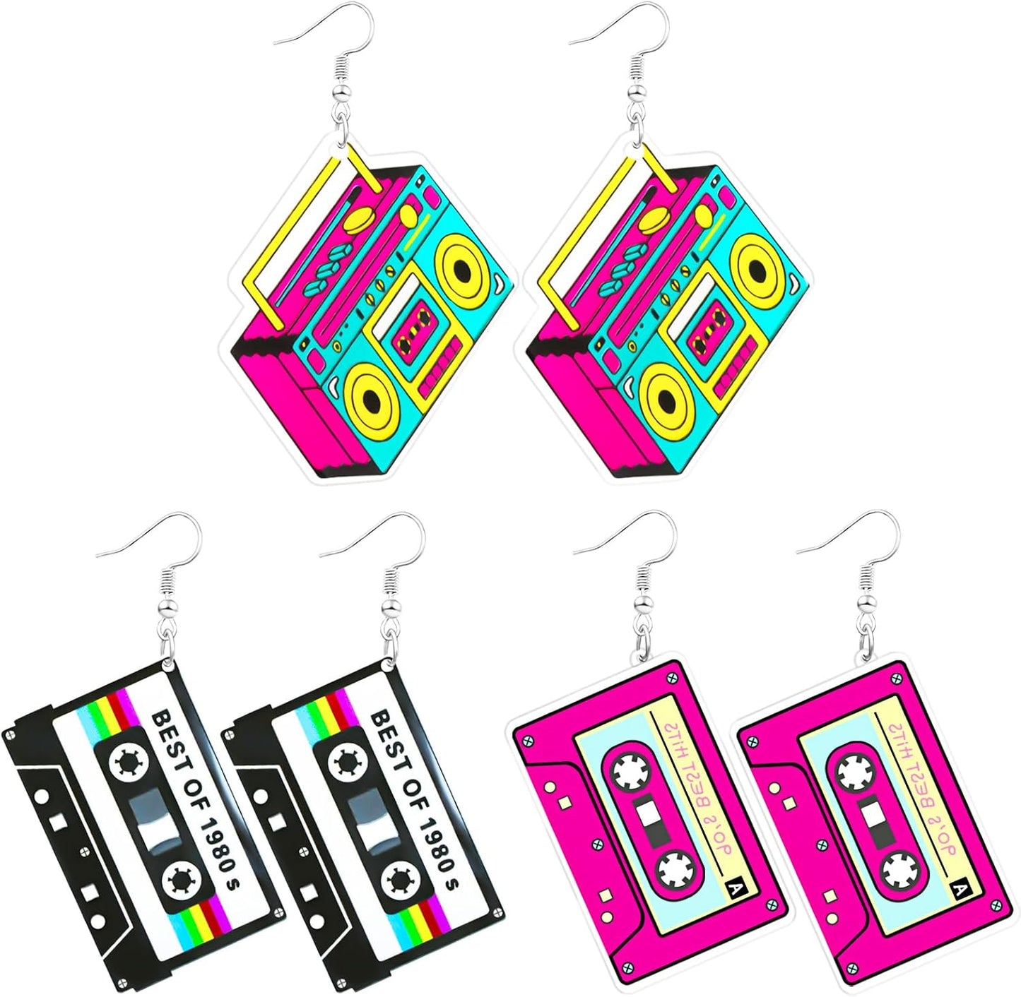 80s 90s Retro Cassette Tape Neon Earrings for Women Acrylic Radio Earring Set for 80s 90s Accessories Cosplay Party Jewelry Gifts