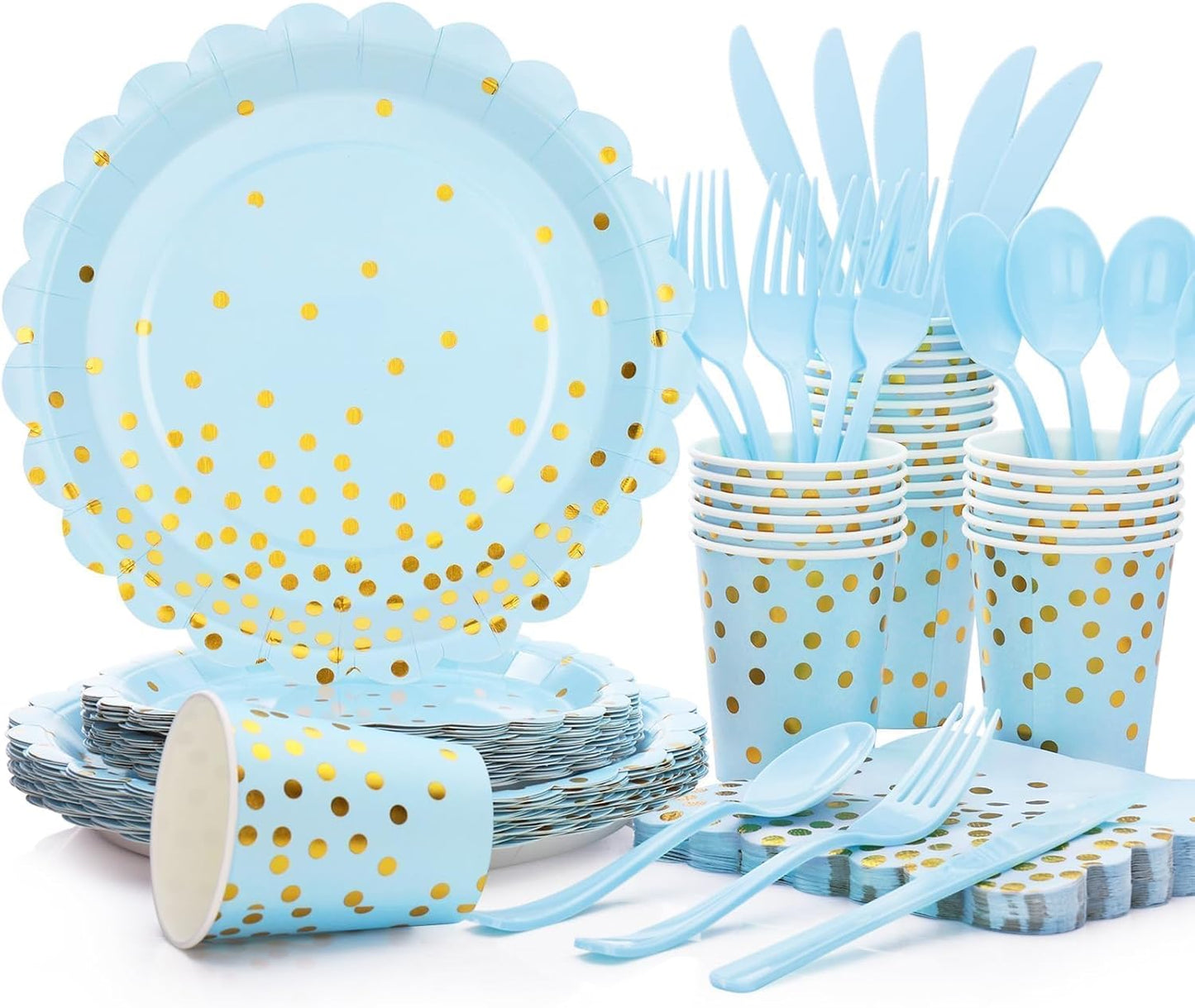 Blue and Gold Party Decorations 175PCS Light Blue Paper Plates and Napkins and Cups With Blue Plastic Forks Knives Spoons for Wedding Birthday Party Baby Shower Decorations Boy