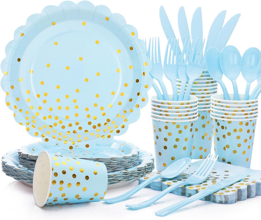 Blue and Gold Party Decorations 175PCS Light Blue Paper Plates and Napkins and Cups With Blue Plastic Forks Knives Spoons for Wedding Birthday Party Baby Shower Decorations Boy