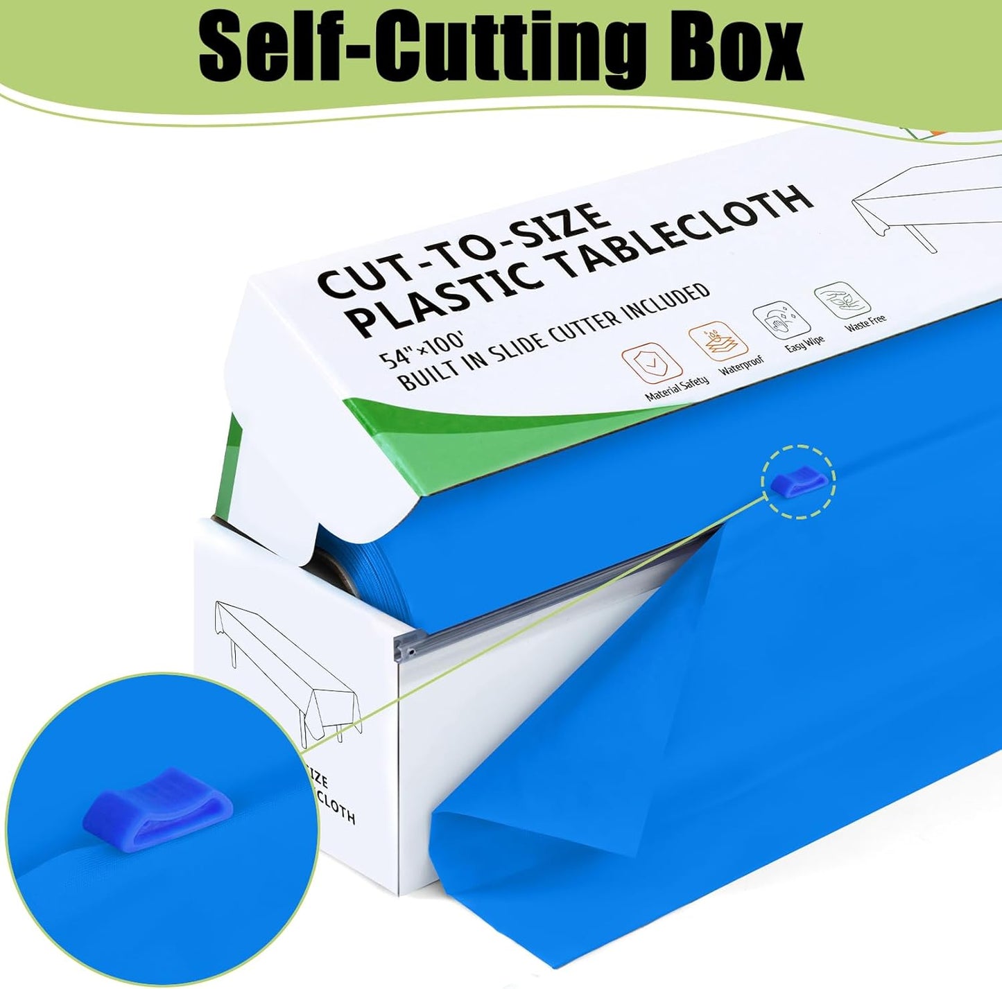 Smiry 54 Inch x 300 Feet Disposable Table Cover Roll, Blue Plastic Table Cloth in Cut-to-Size Box with Slide Cutter, Waterproof Rectangle Tablecloths for Weddings, Banquets, Outdoor