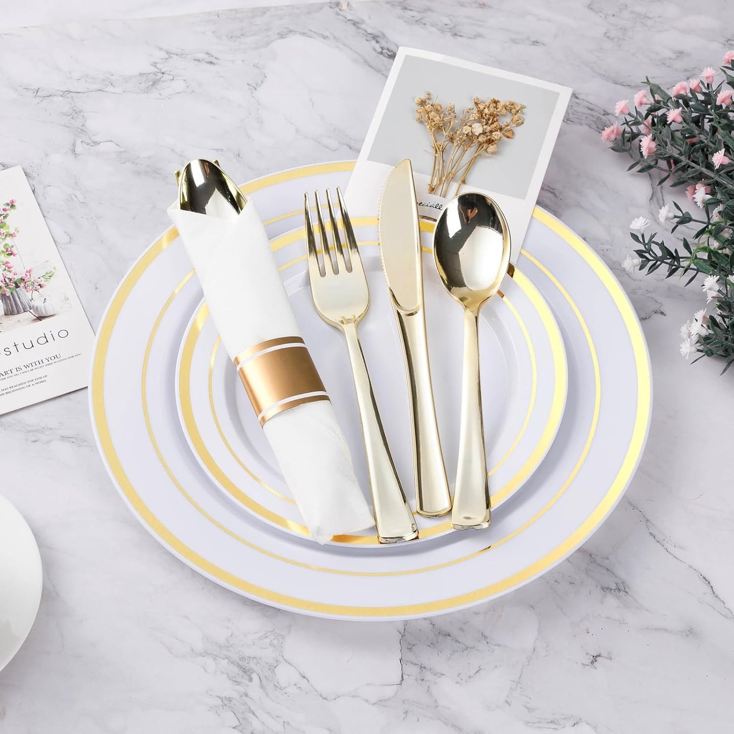 BESTVIP 350PCS Gold Plastic Dinnerware Set, Disposable Party Plates for 50 Guests, Include: 100 Plastic Plates, 50 Pre Rolled Napkins with Gold Silverware, 50 Cups