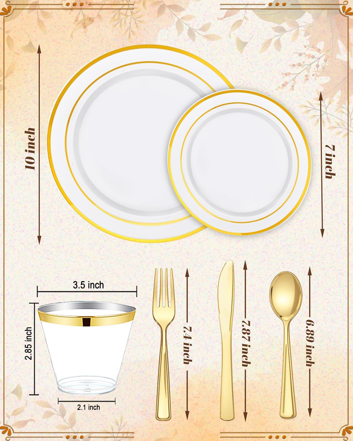 bUCLA 600Pcs White and Gold Plastic Plates - Gold Disposable Dinnerware Set for 100 Guests Include 100 Dinner & 100 Dessert Plates, 100 Cups, 100 Forks, 100 Spoons, 100 Knives for Thanksgiving
