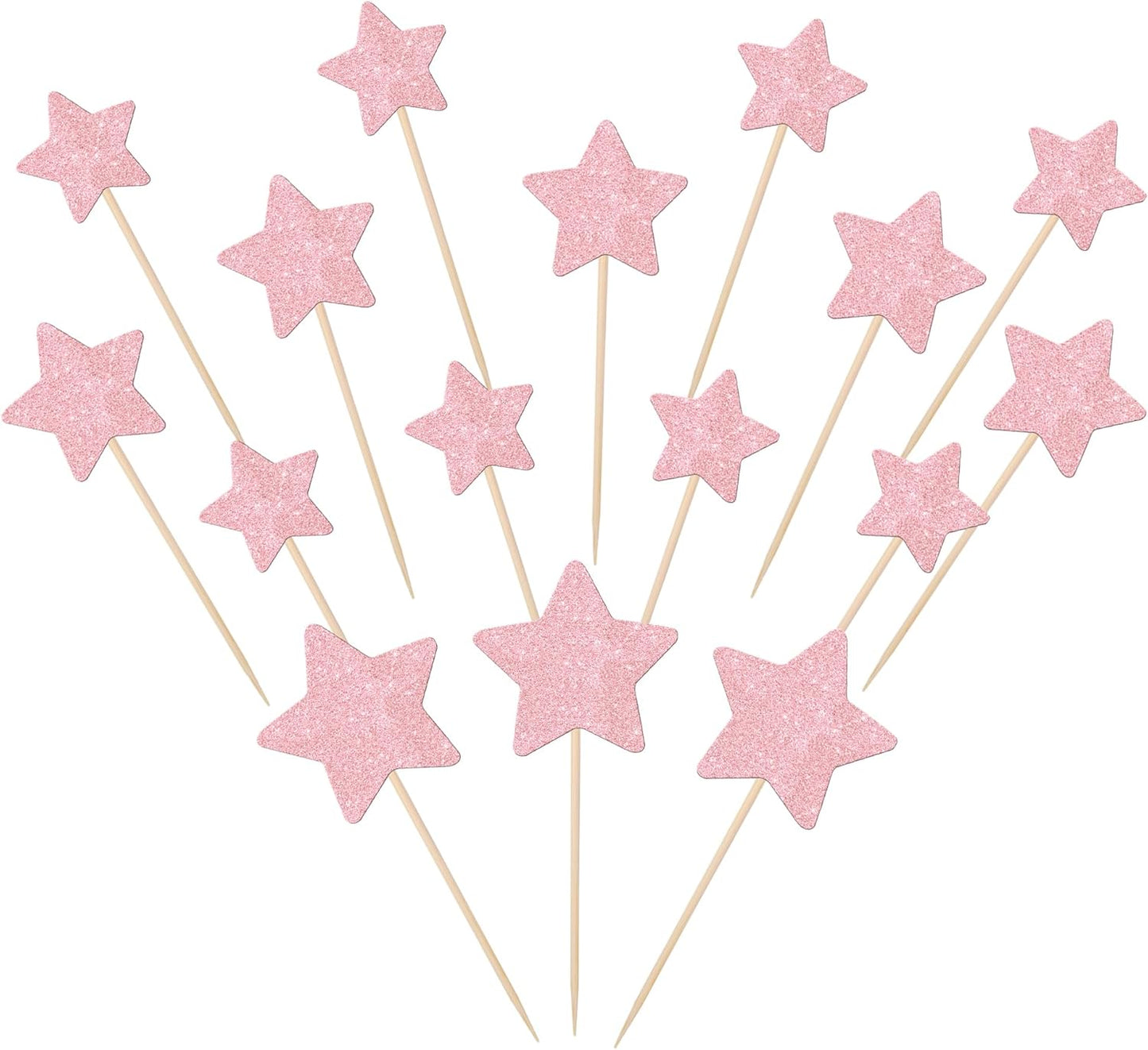 30 PCS Star Cupcake Toppers Glitter Assembled Twinkle Star Cupcake Picks Wedding Engagement Bridal Shower Birthday Party Cake Decorations Supplies Mixed Size Light Pink