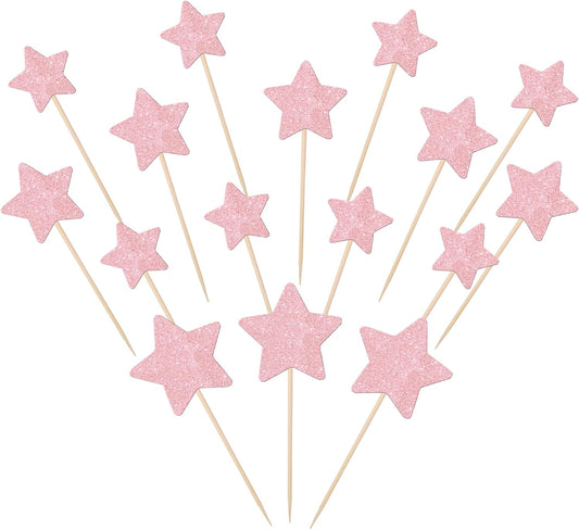 30 PCS Star Cupcake Toppers Glitter Assembled Twinkle Star Cupcake Picks Wedding Engagement Bridal Shower Birthday Party Cake Decorations Supplies Mixed Size Light Pink