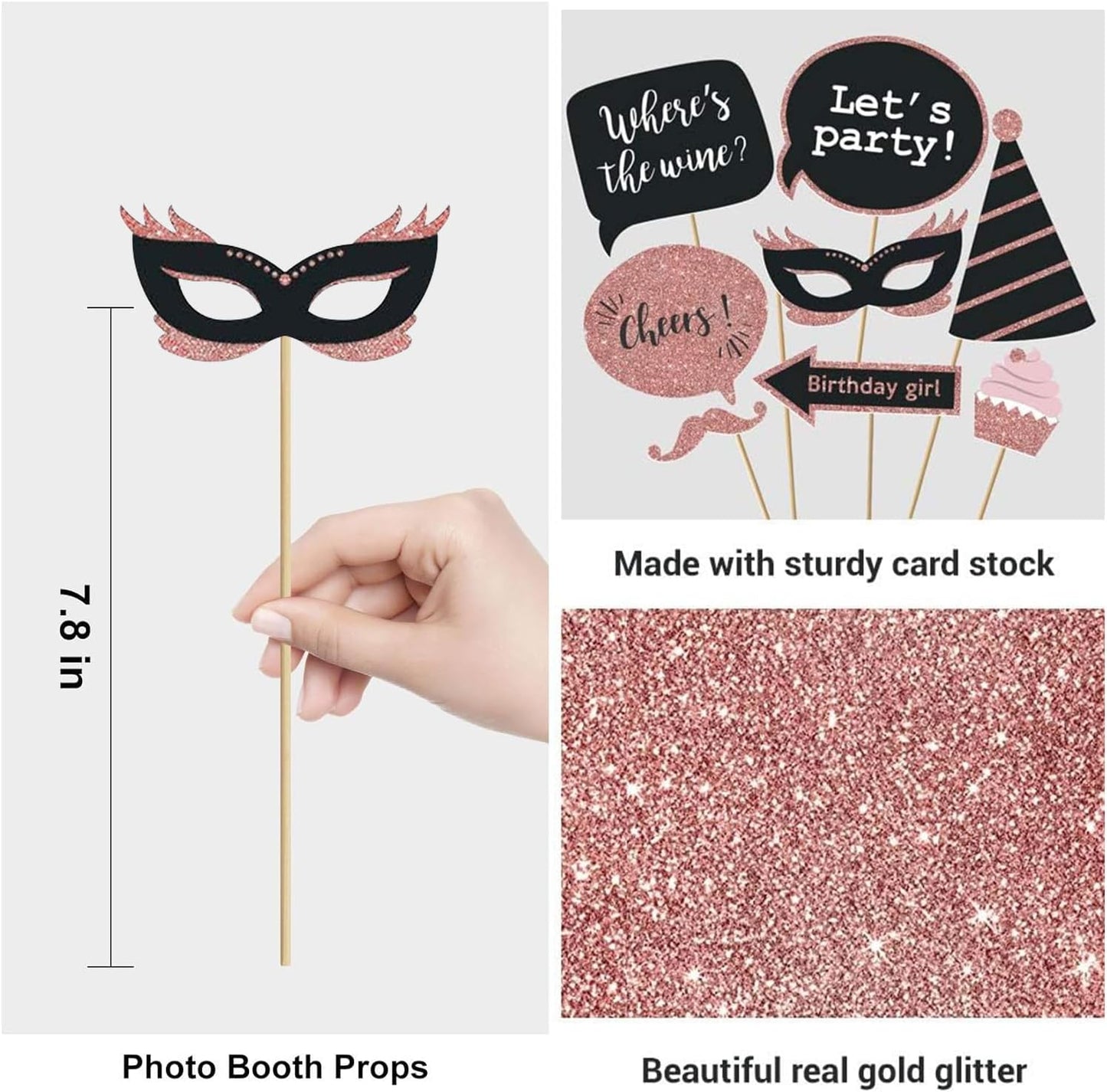Party Birthday Photo Booth Props, 30Pcs Set of Happy Birthday Selfie Party Supplies with Real Glitter Cute Bday Designs for Women or Girls,Easy to Assemble(Rose Gold)