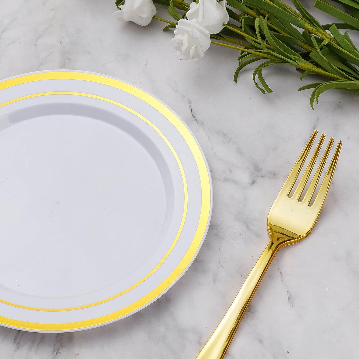 Goodluck 240PCS 7" Gold Dessert Plastic Plates with 7.4" Forks, Gold Appetizer Plates for 120 Guests, Including 120 Disposable Cake Plastic Plates and 120 Forks for Wedding/Birthday Party