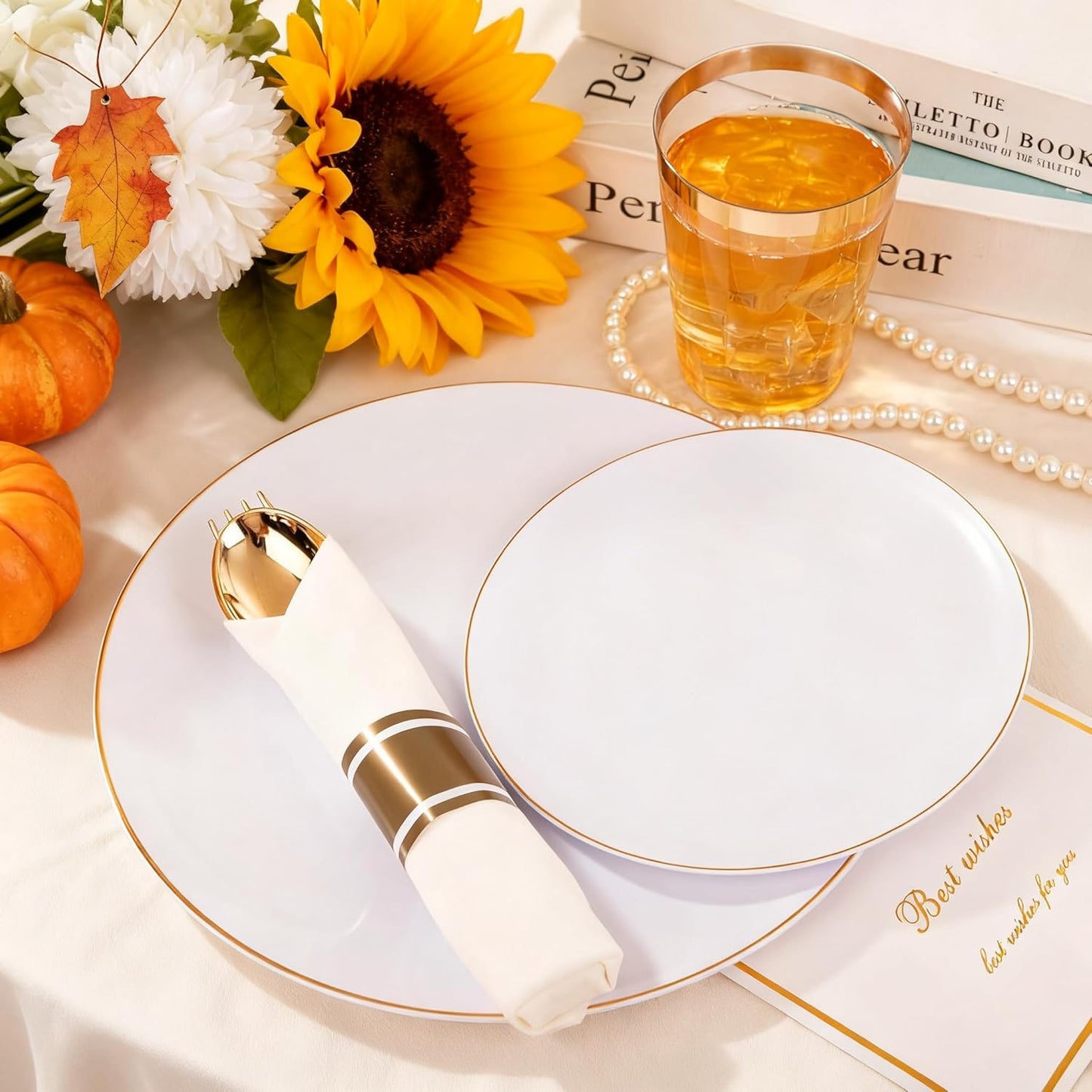 KIRE 350 PCS White and Gold Plates Disposable - Elegant Dinnerware Set of 50 Guest, White Plastic Plates With Gold Rim, Pre Rolled Napkins with Silverware & Cups for Thanksgiving Party/Wedding