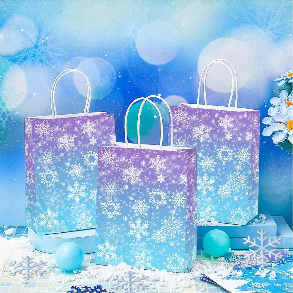 24 Pcs Snowflake Party Favor Bags with Handles - Winter Themed Goodie Gift Candy Kraft Paper Bags for Holiday Birthday Party Supplies Decorations