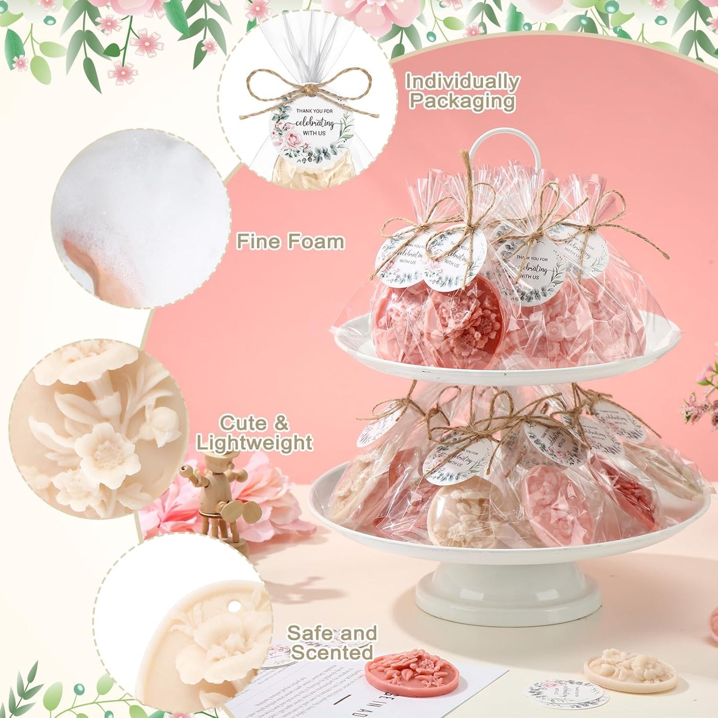 Demissle 20 Pcs Baby Shower Soap Favors Wildflowers Baby Shower in Bloom Flower Bath Soap Gift Set with White Greeting Card Handmade Gifts for Guests Decorations Supplies(Mixed Color,Elegant Style)