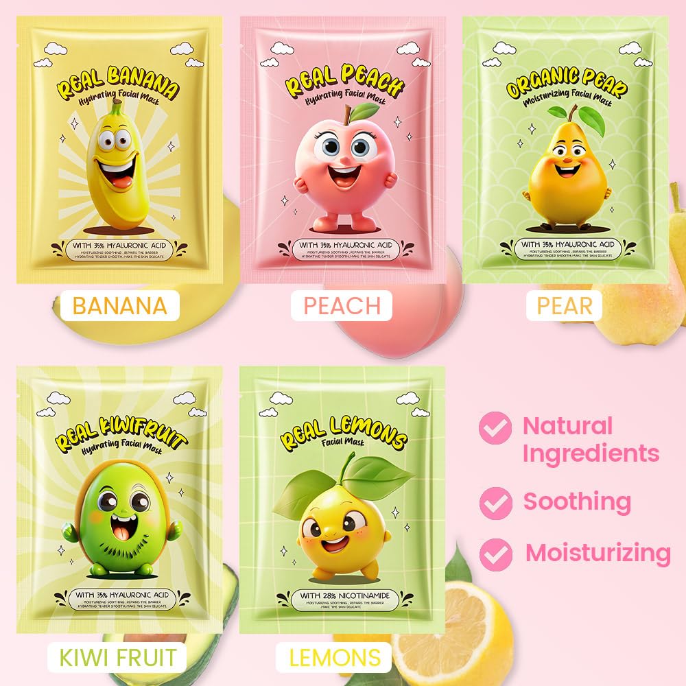 Kaely 10 Pack Fruit Face Masks for Kids, Kids Face Mask Spa Day Kit Supplies, Spa Party Favors for Teens Girls Women, Sheet Facial Mask Skincare Gifts Set, Moisturize Soothe for All Skin Types, 02