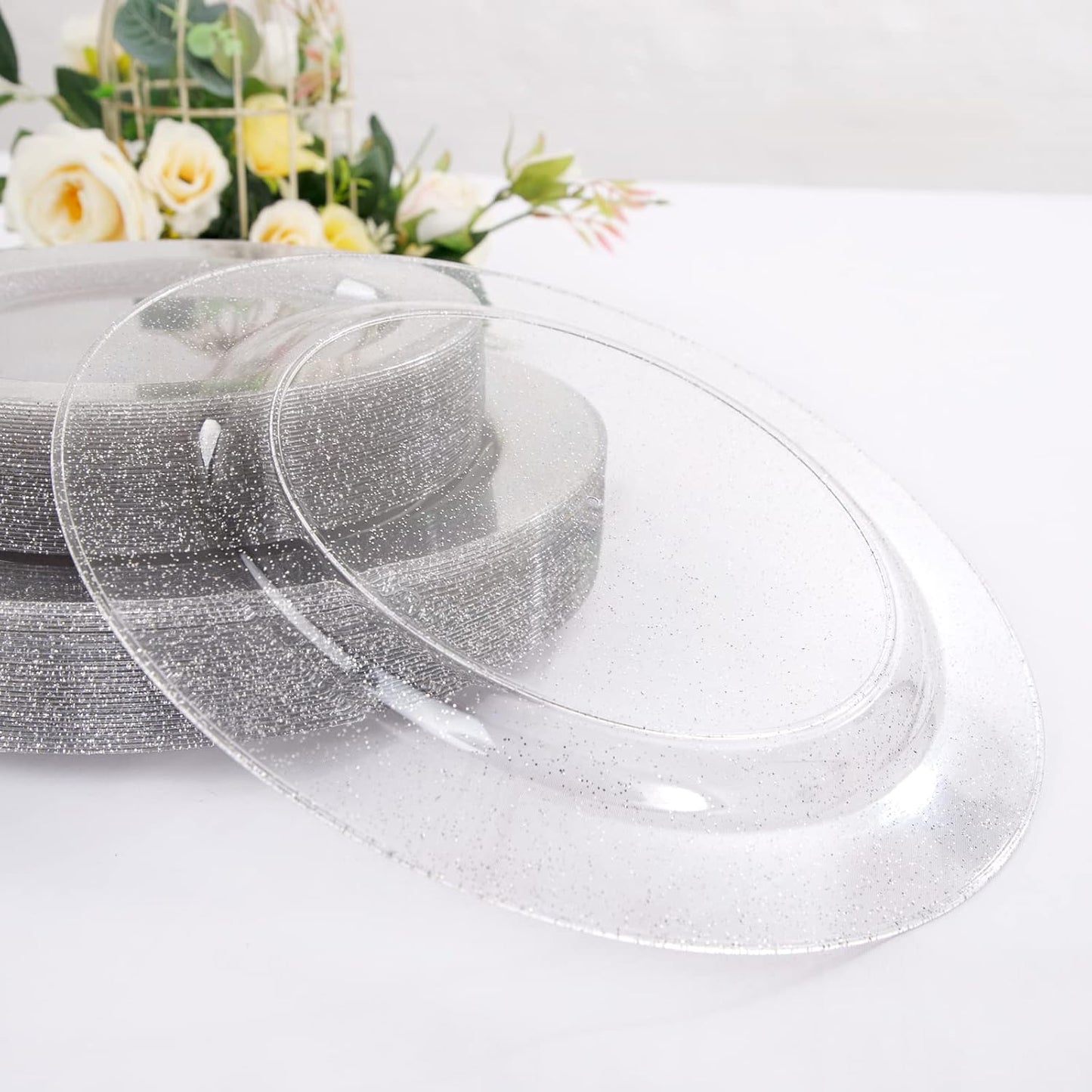 WDF 120PCS Silver Plastic Plates- Disposable Silver Glitter Plates, Premium Heavy Duty 60-10.25" Dinner Plates and 60-7.5" Salad Plates for Christmas Parties &Wedding