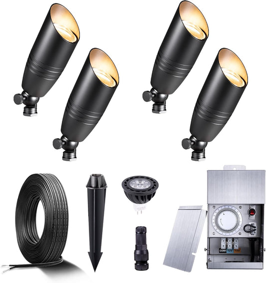 Gardenreet Black Brass Landscape Lighting Kit (4-Pack LED Spotlights) with Low Voltage Transformer 75W and Mechanical Timer and 100FT Cable and 20Pack Wire Connectors for Outdoor Garden Patio
