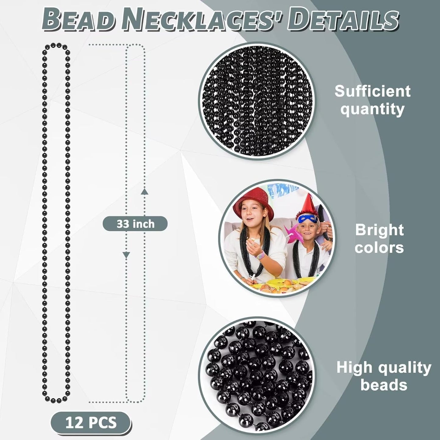 Bead Necklace, 12PCS Halloween Black Bead Necklaces Stuff Accessories, 33" Mardi Gras Beads Necklace Costume, Festival Parade Throw Accessory Sets for Halloween Party Events Supplies Decor