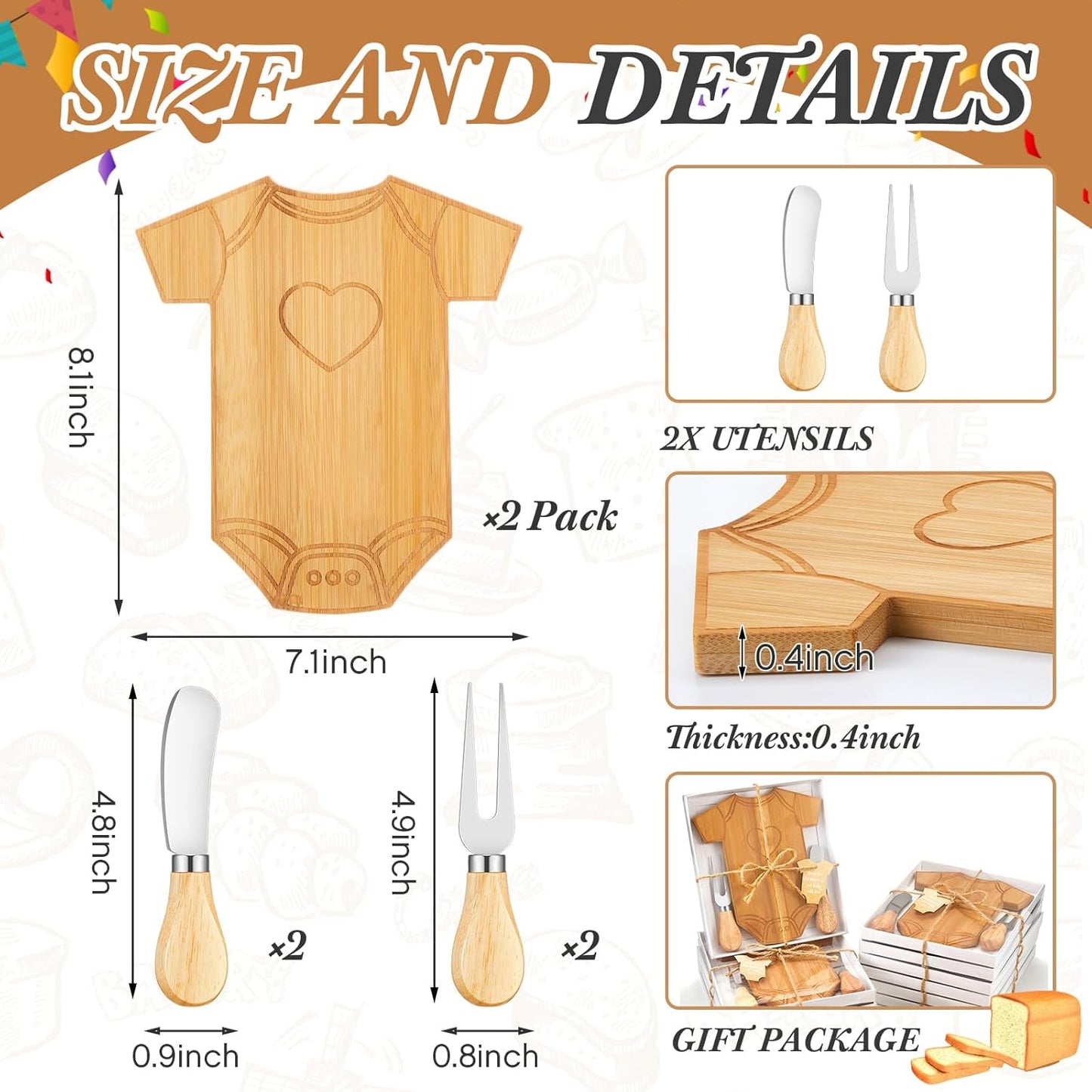 2 Set Baby Shower Gifts for Guests Clothing Shaped Charcuterie Board Set Thank You Tags with Box Mini Cheese Board Party Favors for Gender Reveal Favors Baby Shower Game Prizes (Bamboo Color)