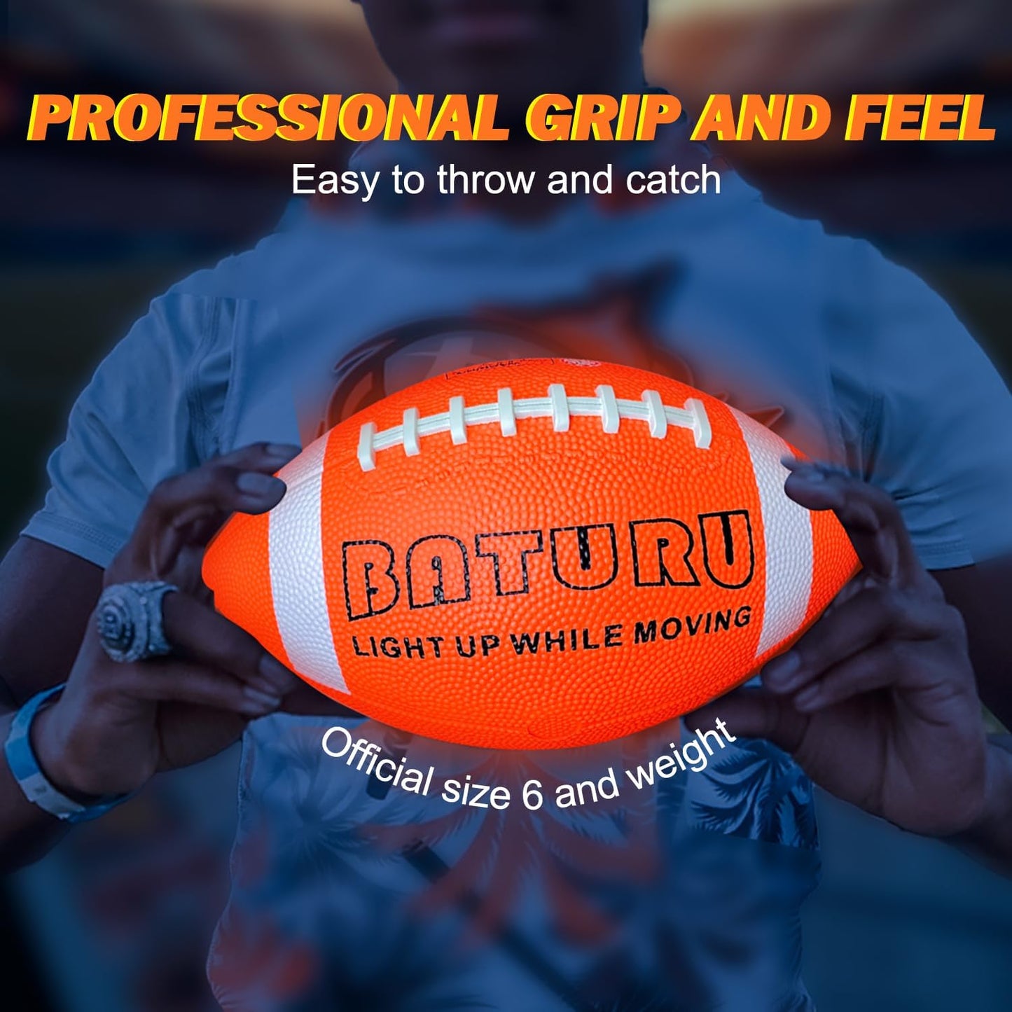 Light Up Football, Glow in The Dark Balls Toys, Junior NO 6 - Birthday Gifts for Boys Kids Teen Youth 8 9 10 11 12 Year Old, Catch Games in Backyard Evening, Camping, Beach, Outdoor (Orange+Black)