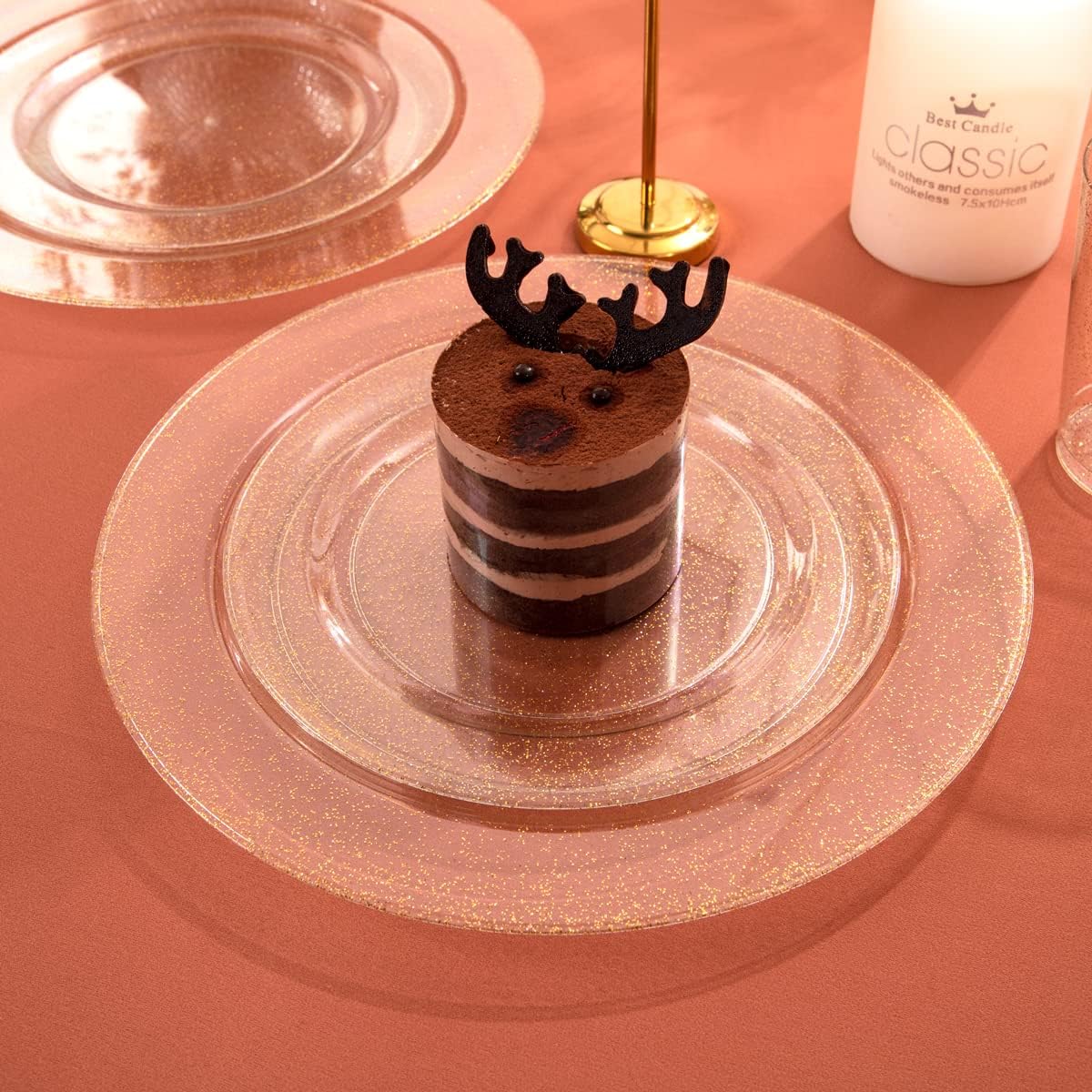 I00000 102PCS Gold Glitter Plastic Plates, Gold Glitter Disposable Plates Clear Plastic Party Plate Include 51 Dinner Plate 10.25" and 51 Dessert Plate 7.5" for Parties &Wedding