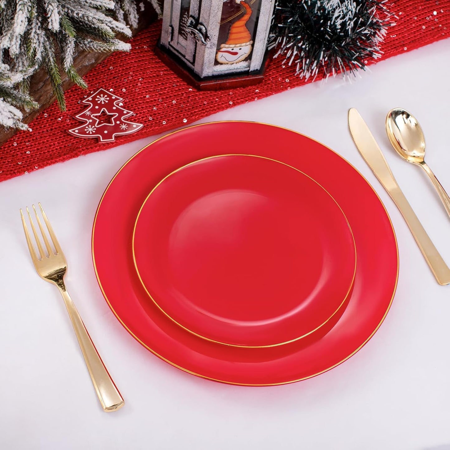 PULOTE 100PCS Red Plastic Plates Disposable Heavy Duty - Include 50 Dinner / 50 Dessert Plates for Party & Christmas
