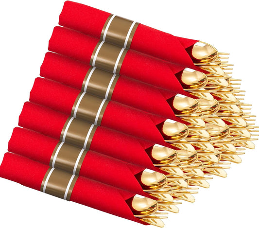 Supernal 30 Pack Gold Plastic Silverware with Red Napkins,Gold Silverware Disposable,Wrapped Plastic Cutlery Set with Napkin,Pre Rolled Silverware Set Disposable,Christmas Cutlery Suitable for Holiday