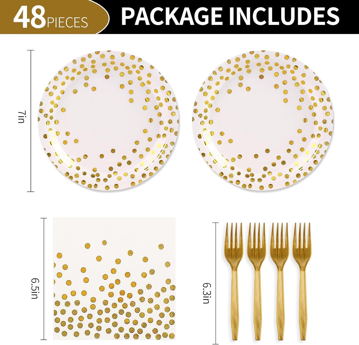 48PCS White and Gold Plates and Napkins Party Supplies, Gold Dot Disposable Party Paper Plates and Napkins with Forks Tableware Set for Wedding Baby Shower Birthday Decorations 16 Guests