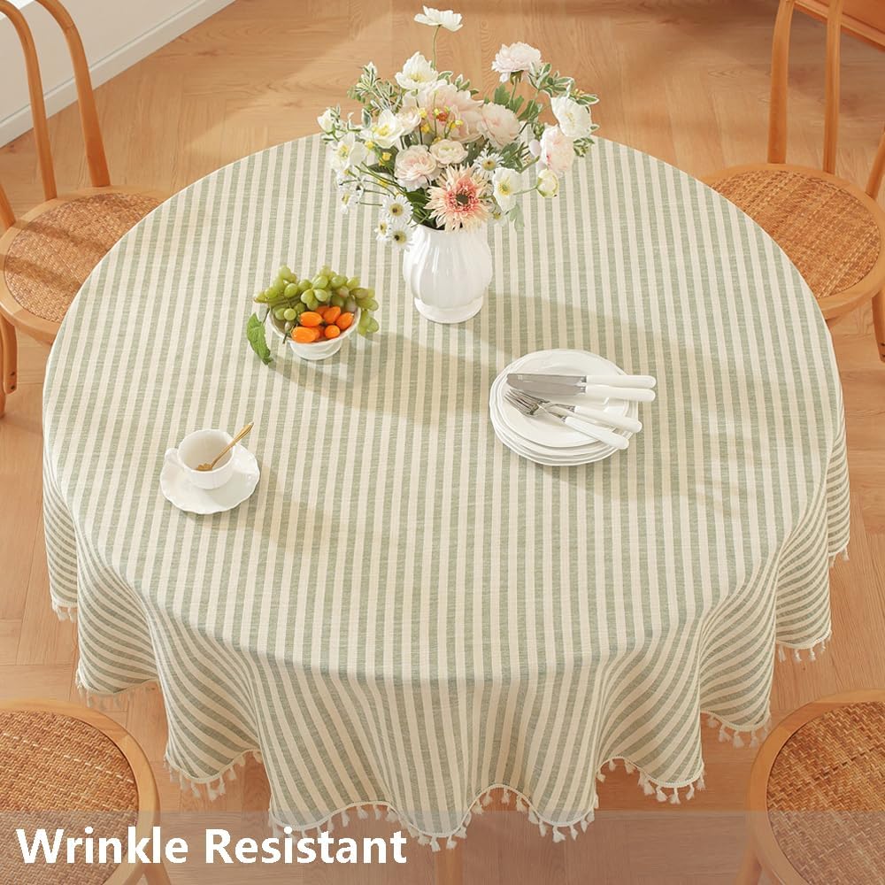 TruDelve Round Table Cloths 60 Inch Fits for Round Tables from 35" to 45" in Diameter, Green Striped Cloth Tablecloths (Green,60",Round)