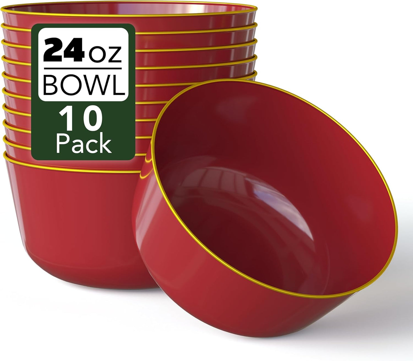 Trendables Plastic Bowls Disposable Set of 10 - 24 Oz Burgundy Gold Rimmed Fancy Serving Bowls
