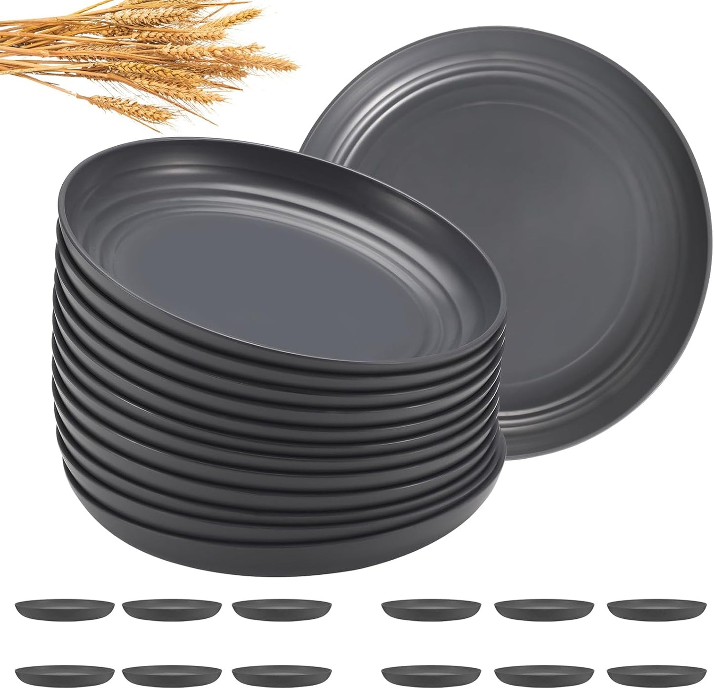 12 Pcs Unbreakable Deep Dessert Plates Set, 8 inch Reusable Plastic Wheat Straw Plates, Microwave and Dishwasher Safe Plate for Kitchen, Lightweight Plate for Dessert, BPA Free, Dark Gray