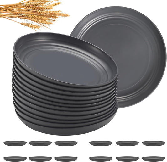 12 Pcs Unbreakable Deep Dessert Plates Set, 8 inch Reusable Plastic Wheat Straw Plates, Microwave and Dishwasher Safe Plate for Kitchen, Lightweight Plate for Dessert, BPA Free, Dark Gray