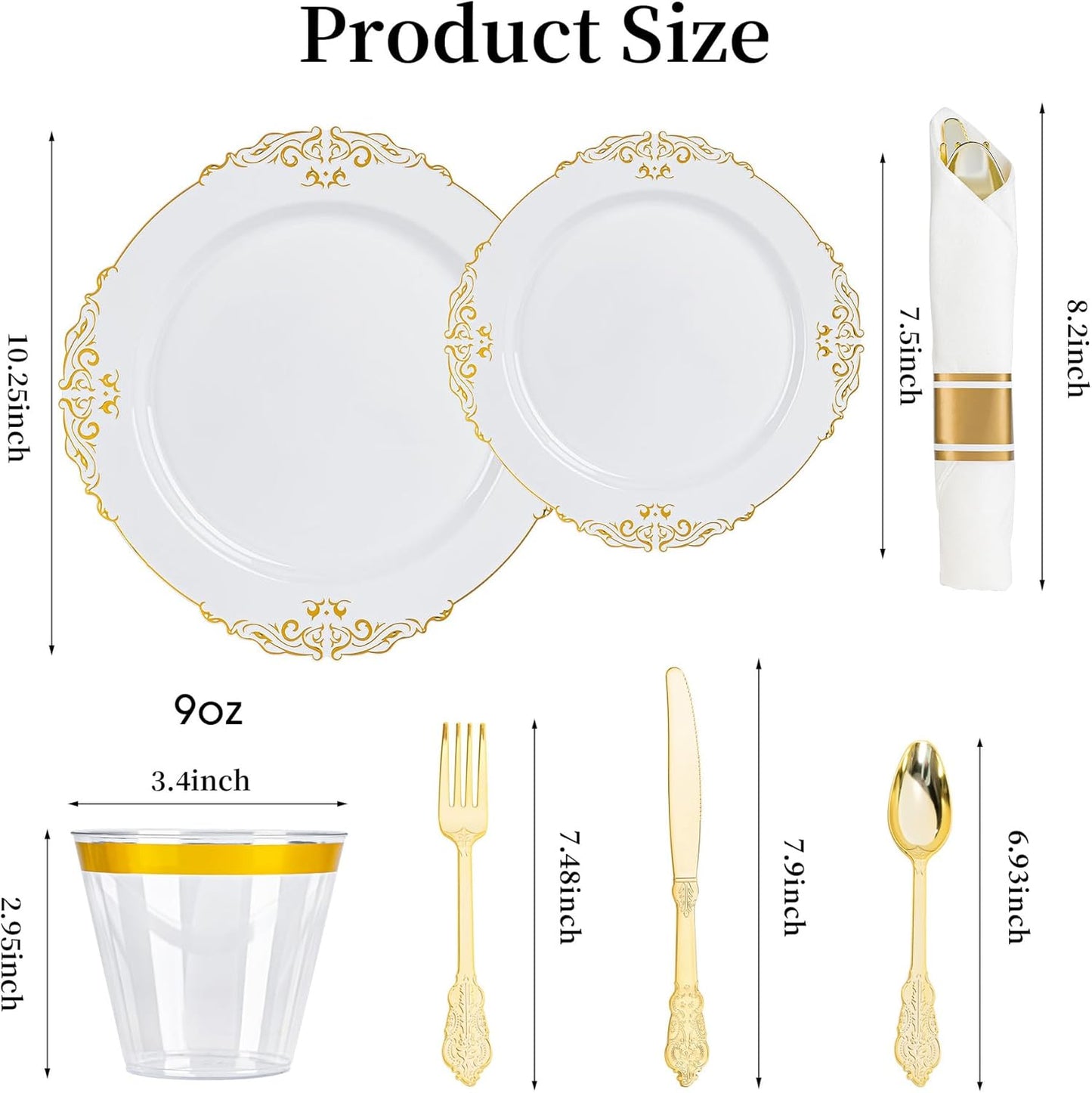 350PCS Gold and White Plastic Plates, Gold Plastic Dinnerware Sets for 50 Guests, 100 Disposable Plates, 150 Silverware, 50 Cups, 50 Napkins for Party and Wedding