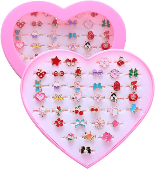 36pcs Little Girl Jewel Rings, Adjustable, No Duplication Kids Play Ring in Box,Pretend and Dress Up Rings for 4-12 Year Old Girls Birthday Gifts Holiday Gifts, 4 5 6 7 8 9 10 11 12 Year Old Girl Toys for Kids