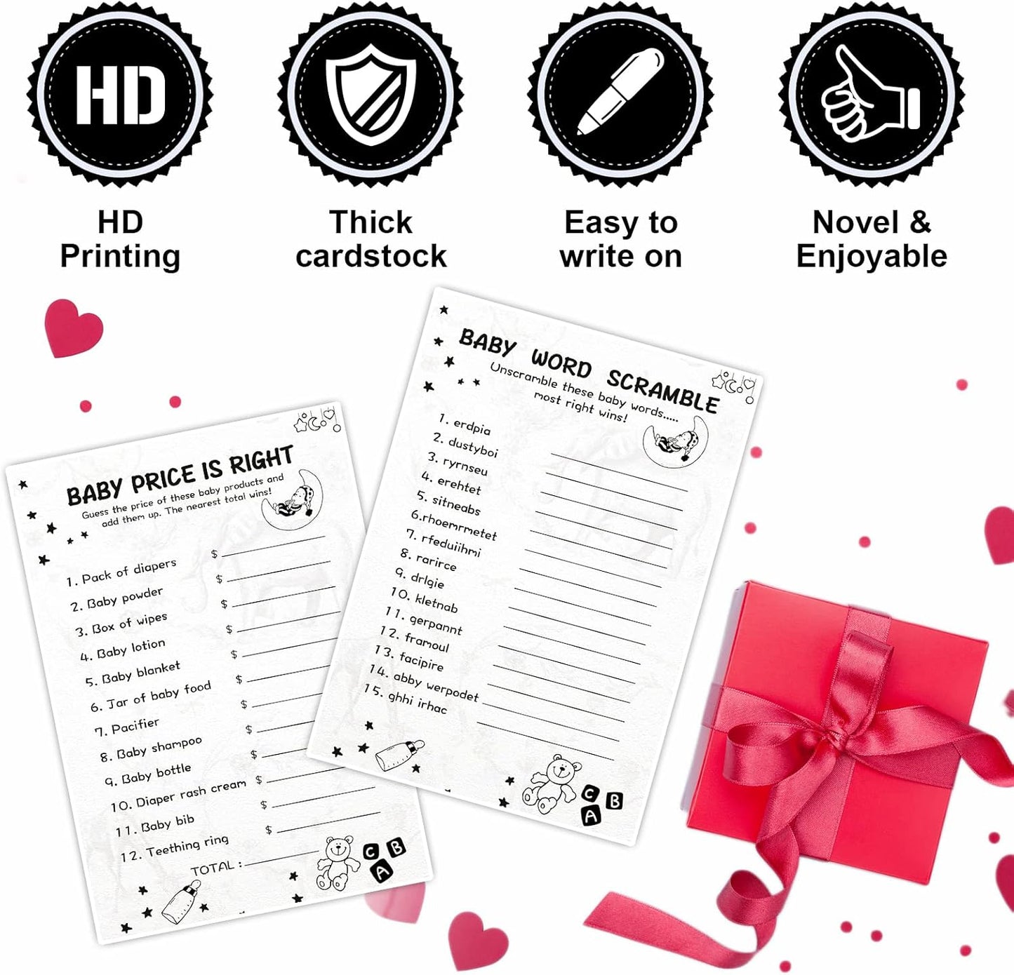 Baby Shower Games for Boy or Girl-2 Games(50 of Each),Double-Sided,Thick Cardboard,with Answer Keys