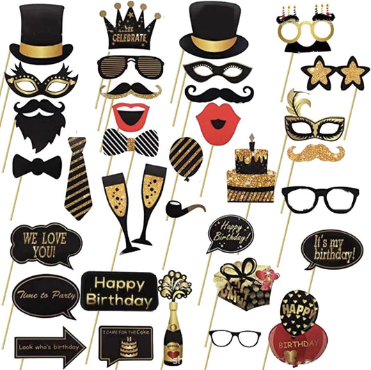 35PCS Gold Black Photo Booth Props Birthday Party Decorations Gold Black Selfie Props for Men and Women Birthday Party Decoration Supplies