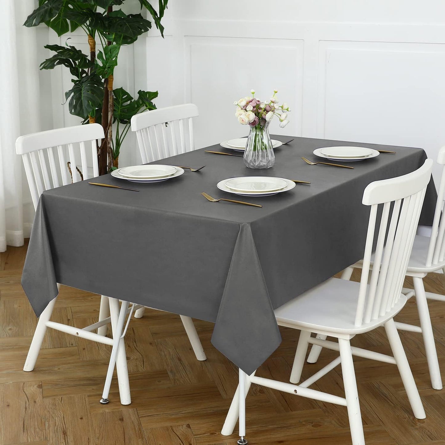 Romanstile 100% Waterproof PVC Tablecloth, Rectangle Oil Spill Proof Stain Resistant Vinyl Table Cloth, Wipe Clean Plastic Table Covers for Kitchen/Dining/Parties - 60 x 120 Inch, Dark Grey