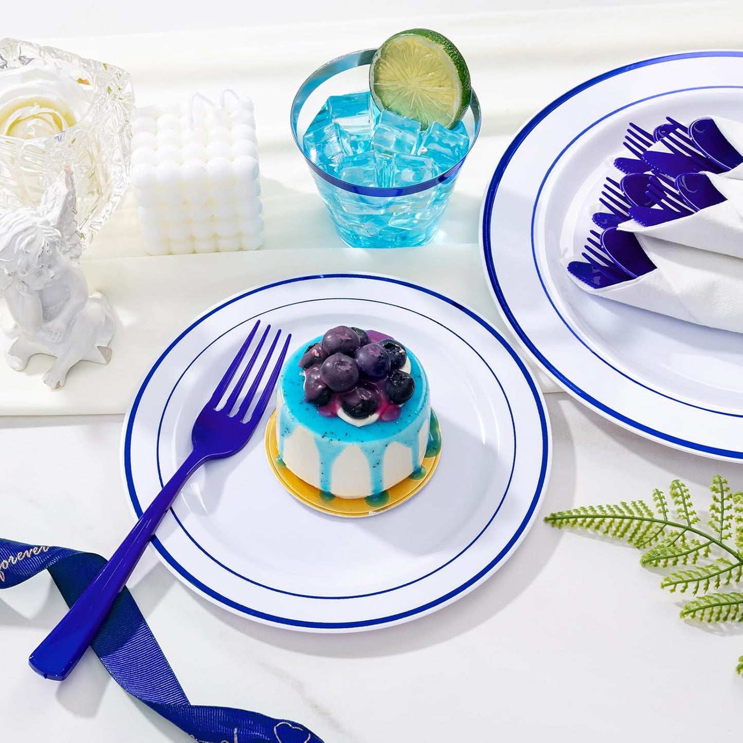 WELLIFE 350 Pcs Blue Plastic Plates for 50 Guests - Plastic Dinnerware Set,Party Supplies Includes 100 Blue Disposable Plates,150 Silverware,50 Napkins,50 Cups