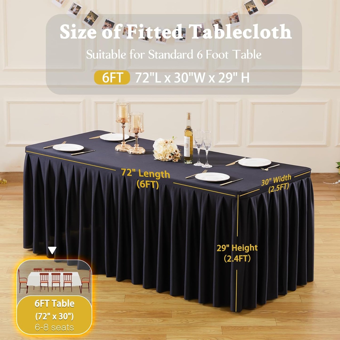 2 Pack Black Rectangle Tablecloth 6 FT Stretch Spandex Fitted Table Cloth for 6 Foot Rectangle Tables Banquet Tablecloths Wrinkle Free Table Cover Stitch Ruffle Table Skirt for Party Wedding Birthday