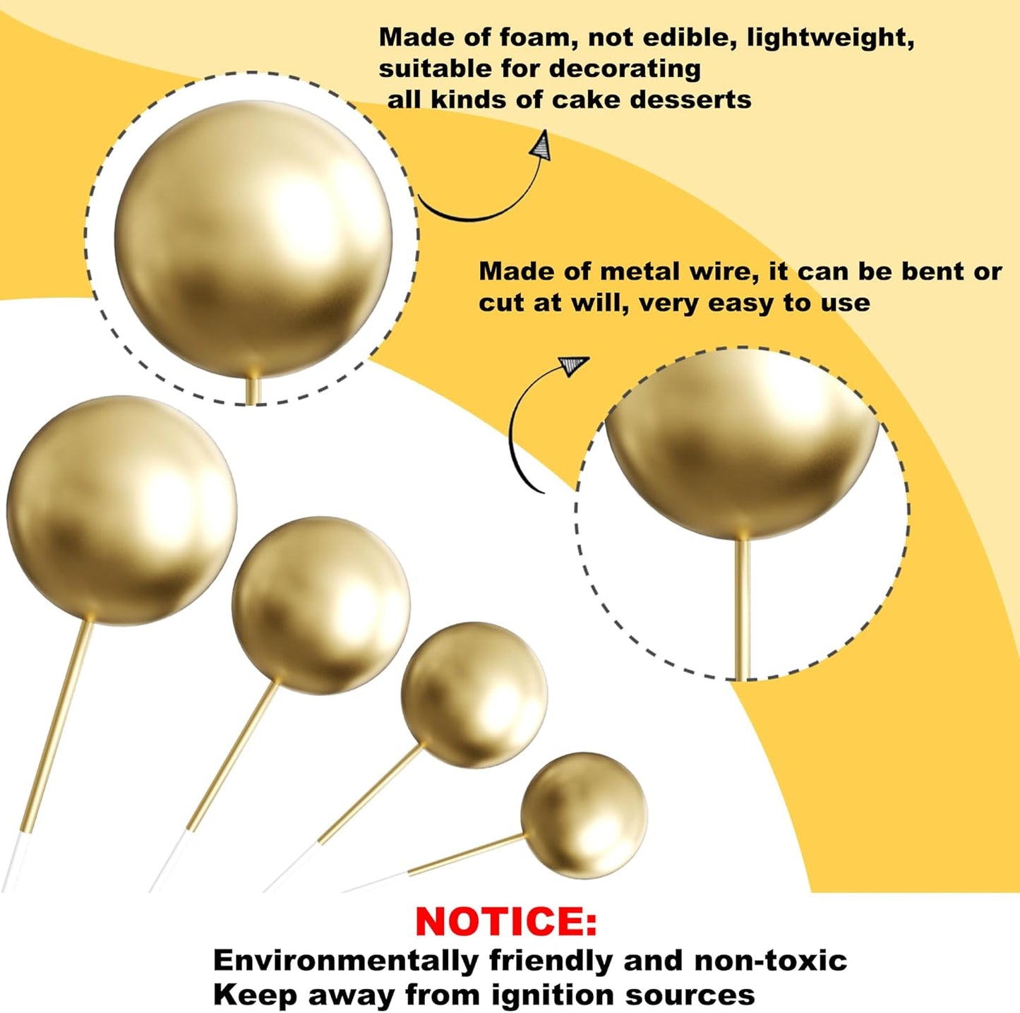 36 Pack Gold Balls Cake Topper Decorations Foam Balloons Cake Decorations Sticks Mini Balloons Cake Toppers Balls Cake Picks for Baby Shower Wedding Anniversary Birthday Party Decorations