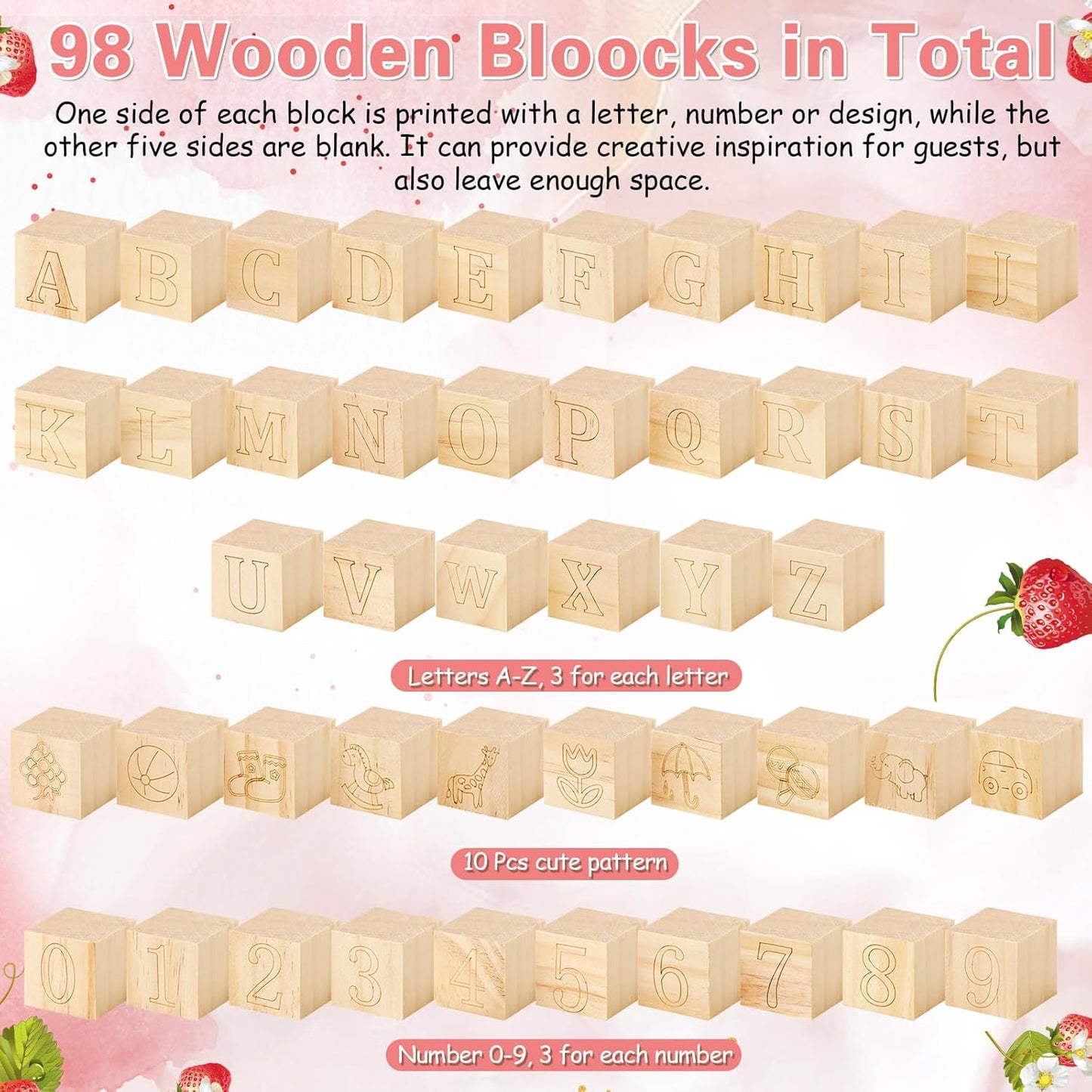 Marsui 136 Pcs Baby Shower Blocks to Decorate Game Kit Includes 98 Wooden Blocks, 36 Markers, 1 Game Sign, 1 Storage Box for Baby Shower Gender Reveal Activity Party Decorations(Strawberry)