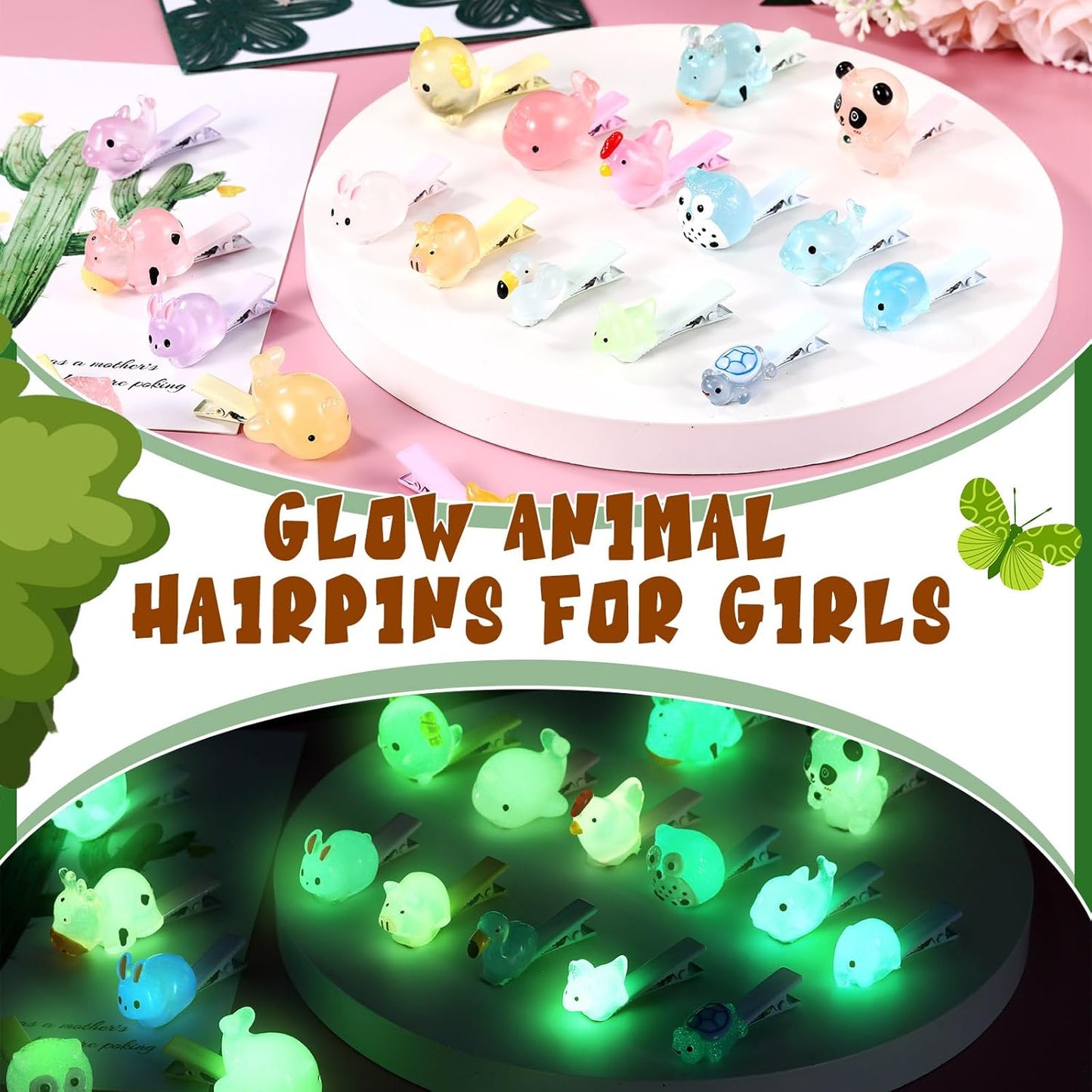 30 Pcs Mini Glow Hair Clips Girls Rave Hair Clips for Women Christmas Music Festival Holiday Party Supplies (Animals)
