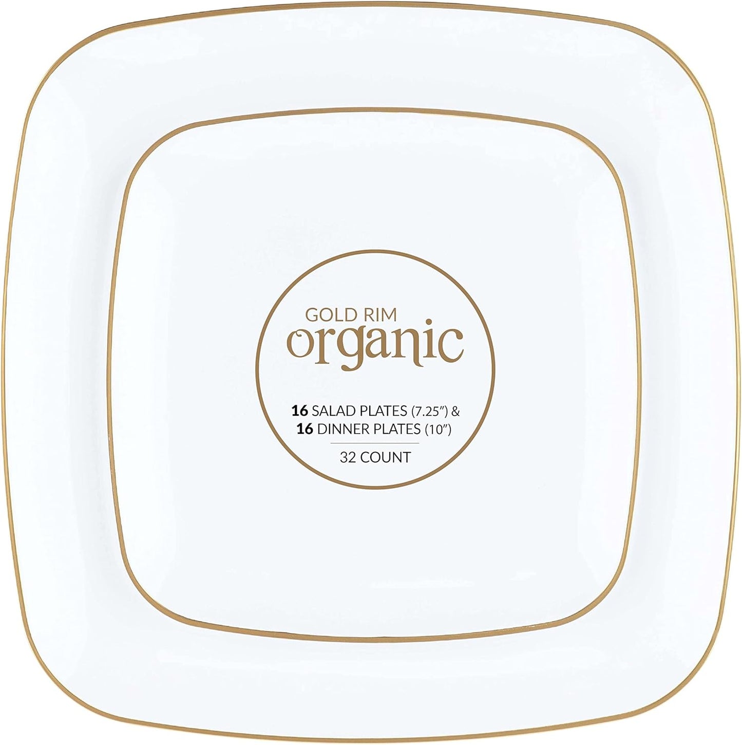 PLASTICPRO Square 128 Piece Combo Plates Set includes 64 x 7'' inch Plates & 64 x 10'' inch Dinner Plates White Plastic Gold Rim Design Party Plates, Premium heavyweight Elegant, Dishes,