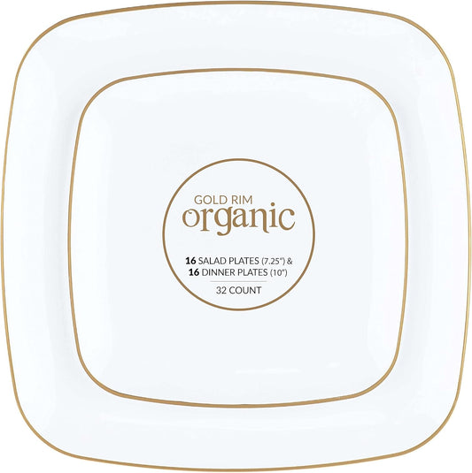 PLASTICPRO Square 64 Piece Combo Plates Set includes 32 x 7'' inch Plates & 32 x 10'' inch Dinner Plates White Plastic Gold Rim Design Party Plates, Premium heavyweight Elegant, Dishes,