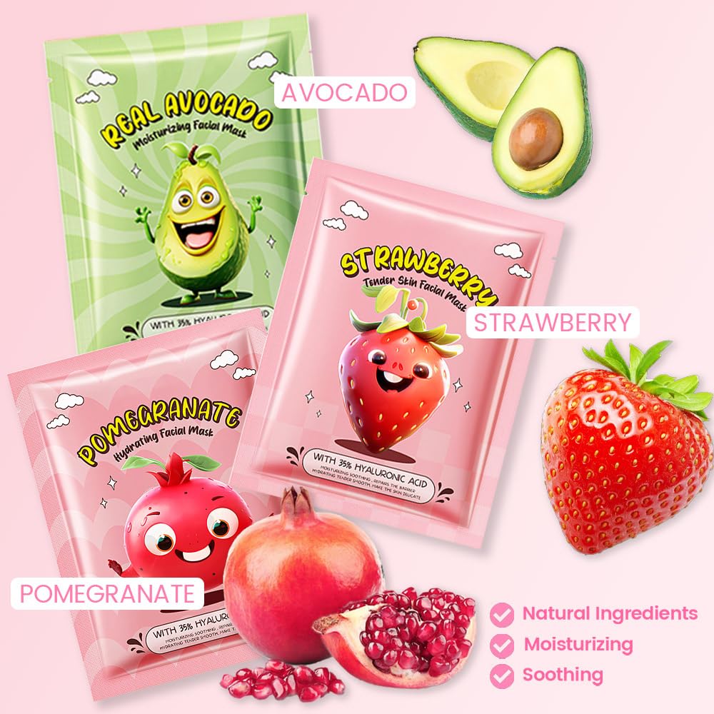 Kaely 12 Pack Fruit Face Masks for Kids, Kids Face Mask Spa Day Kit Supplies, Spa Party Favors for Teens Girls Women, Sheet Facial Mask Skincare Gifts Set, Moisturize Soothe for All Skin Types, 03