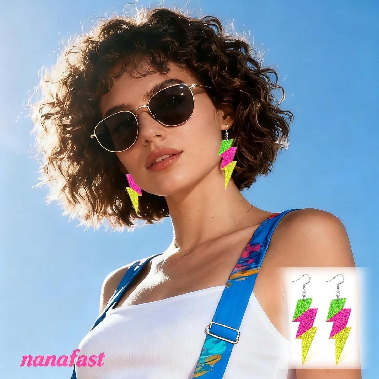 Nanafast 80S Neon Earrings Lightning Bolt Dangle Earrings for Women, 80s Accessories for Women Colorful Gradient Neon Jewelry