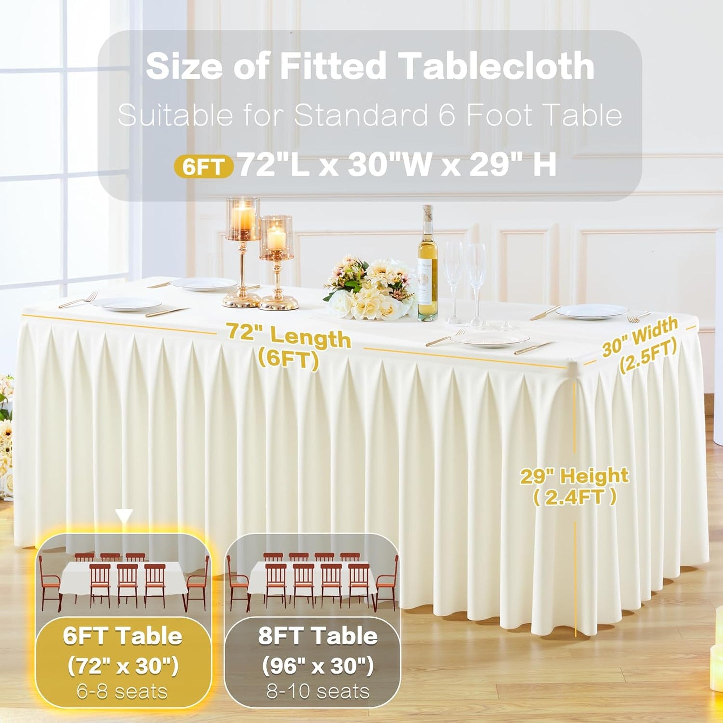 6 Pack Ivory Rectangle Tablecloth 6 FT Stretch Spandex Fitted Table Cloth for 6 Foot Rectangle Tables Banquet Tablecloths Wrinkle Free Table Cover Skirt Ruffle Tablecloth for Party Wedding Birthday