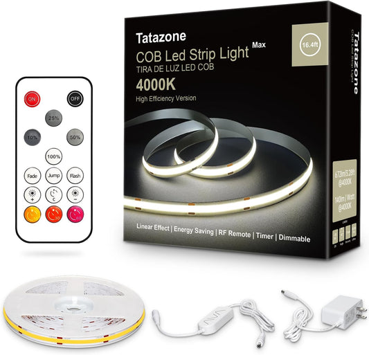 White COB Led Strip Lights Max with RF Remote, 16.4ft 4000K Dimmable Ultra Bright Neutral White COB Light Strip, Indoor COB Led Lights for Mirror, Ceiling, Kitchen, Room, Cabinet, Closet