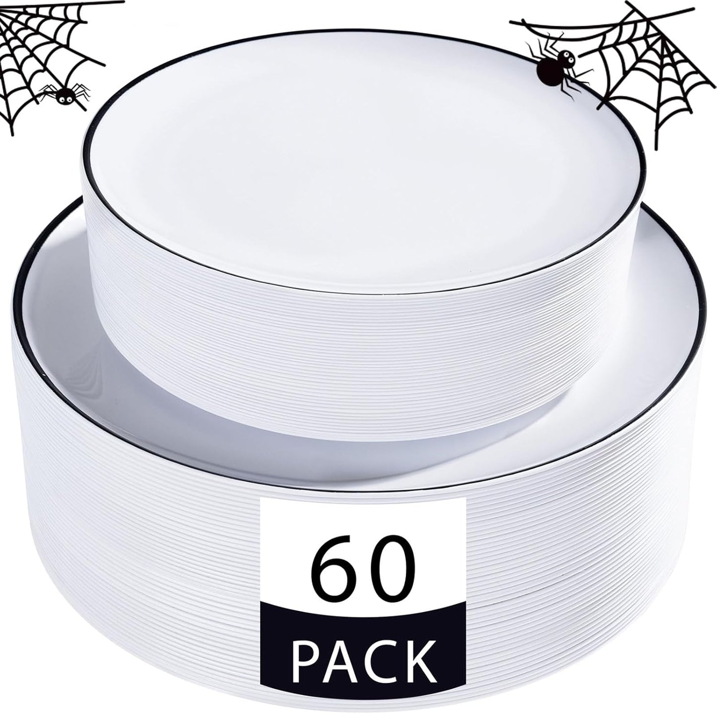 LIYH 60 Pcs White Plastic Plates Disposable for Party Halloween Plates Black and White Plastic Disposable Heavy Duty Party Wedding Plate Including 30 Dinner 10.25” & 30 Dessert Plate 7.5"