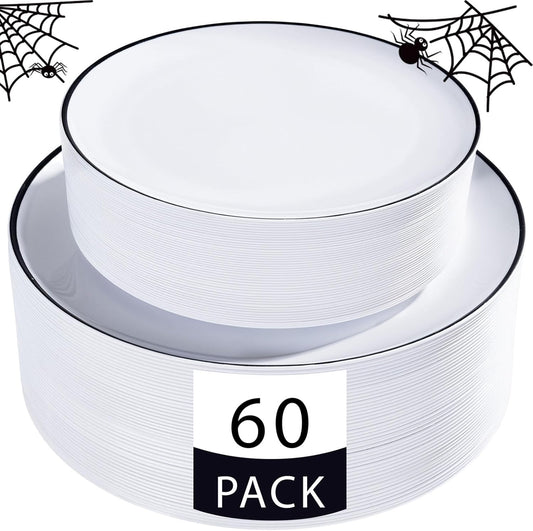 LIYH 60 Pcs White Plastic Plates Disposable for Party Halloween Plates Black and White Plastic Disposable Heavy Duty Party Wedding Plate Including 30 Dinner 10.25” & 30 Dessert Plate 7.5"