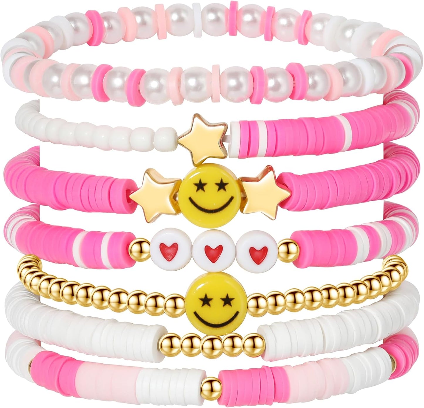 Preppy Bracelets Set Colorful White Gold Smile Heart Star Polymer Beaded Pearl Clay Stackable Charm Y2K Kidcore Aesthetic Summer Beach Bohemian Stretch Layering Bracelets Jewelry for Girls Women Teens