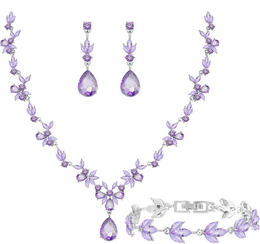 Bridal Wedding Elegant Floral Jewelry Set for Women/Brides/Bridesmaids Crystal Jewelry Set for Wedding Prom Party Bridal Crystal Necklace Earrings Bracelet Set